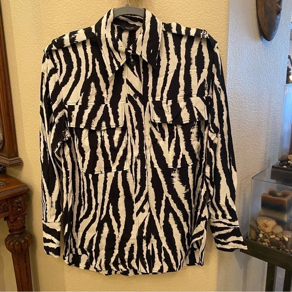 MASSIMO DUTTI Women Black & White Zebra Print Button Long Sleeve Top Size 4 - Picture 1 of 8